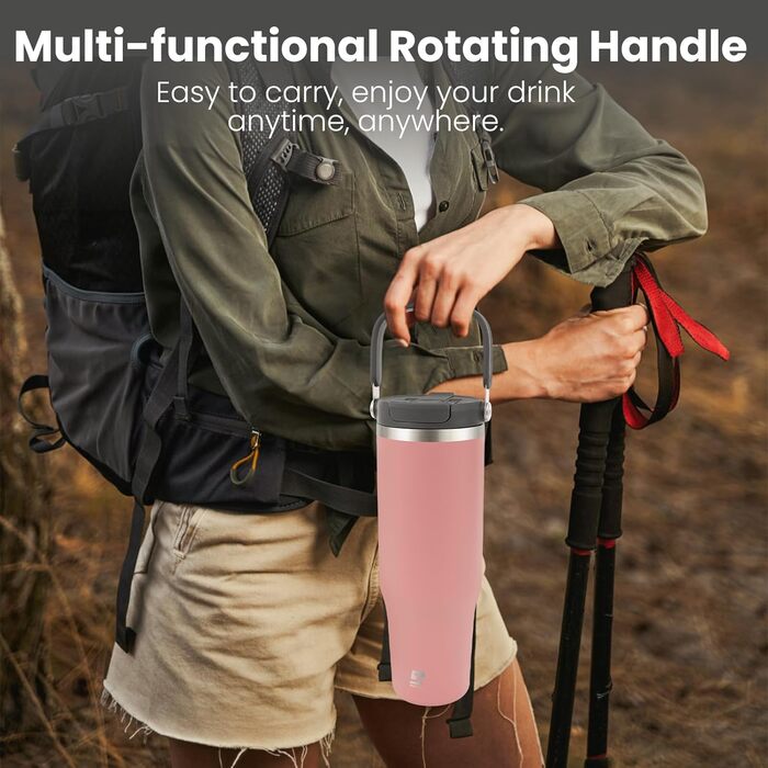Термокружка-пляшка Riley Joy 2.0 з нержавіючої сталі 1л з трубочкою та ручкою - для кави, напоїв, в дорогу - рожева