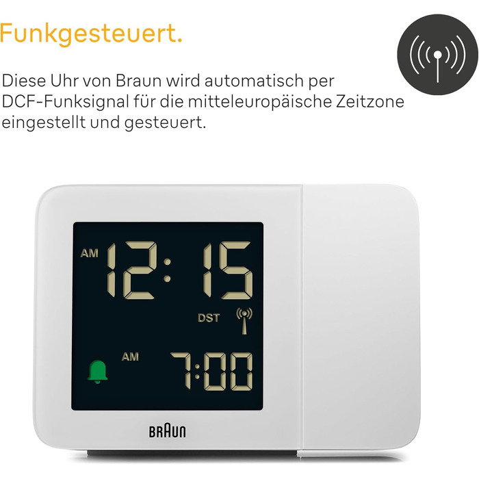 Braun Digital Radio Projection Clock for Central European Time Zone (DCF) with Negative LCD Display, Quick Set and White Alarm Beep, BC15W-DCF.