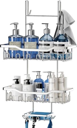 ZUIMENG Shower Shelf, 3 Tier Shower Caddy, No Drilling Shower Shelf, Bathroom Shelf Shower Basket Hanging, Shampoo Holder Shower Hanging Shelf for Glass Door Shower Wall with Soap Dish and Hooks (Silver)