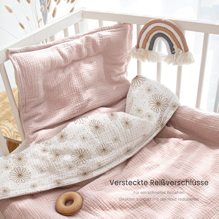 Комплект постільної білизни Lulumoon для дитячого ліжечка 100x135: простирадло 100x135 + наволочка 40x60 см з бавовни Oeko-TEX Standard – легкий та комфортний комплект для малюків (кремовий, з принтом гусячі пір'їнка, 100x135 см + 40x60 см)