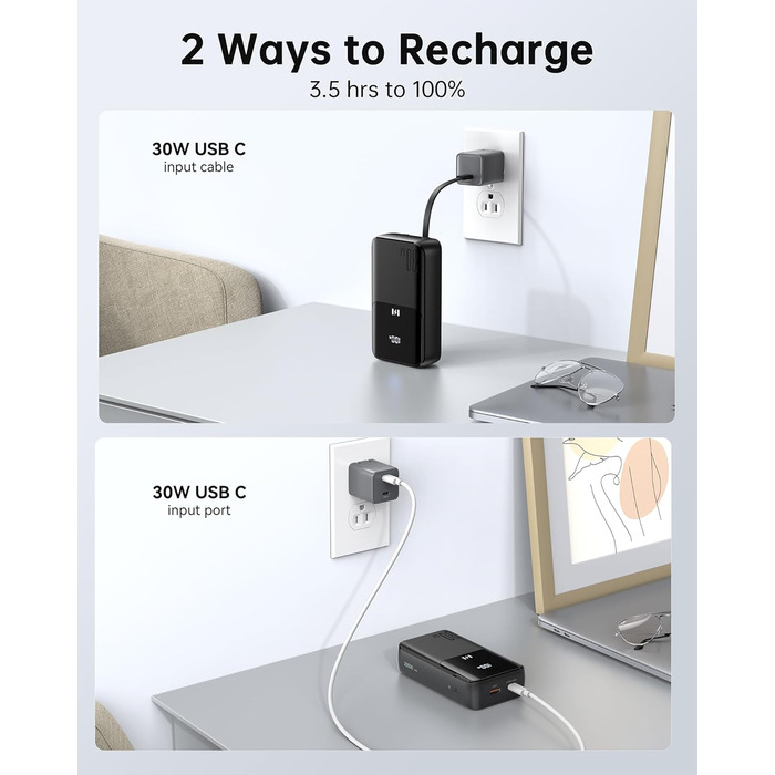 Power Bank Selore&S 20000mAh 30W з USB-C, LED дисплеєм та 4 виходами. Чорний. Сумісний з iPhone, MacBook, iPad, Samsung Galaxy