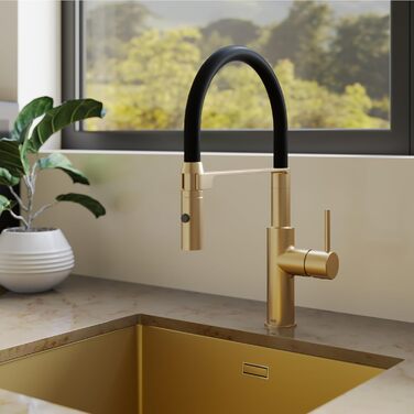 Кухонний змішувач Lenz NALU - матовий золотий, гнучкий вилив, 2 режими, економія води, антифрегат, монтаж зверху, артикул 46070422