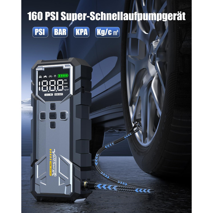 Powerbank Starthilfe 7000A з компресором та LED-ліхтариком: 160PSI, 12V для бензинових та дизельних авто