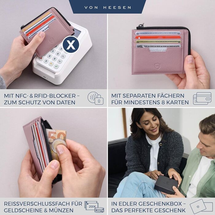 Шкіряний RFID картхолдер VON HEESEN з натуральної шкіри наппа, портмоне для кредитних карток на 9 відділень, унісекс (Коньяк/Лаванда)