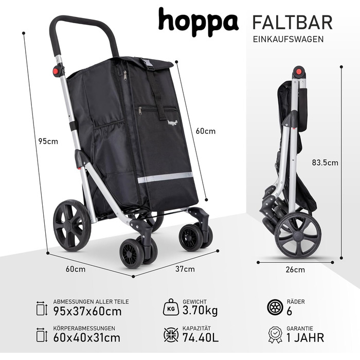 Hoppa – Розкладний візок для покупок | Великий 74L | Легкий візок на 6 колесах з 5 кишенями | Міцний та водонепроникний | Ідеальний для щоденного використання
