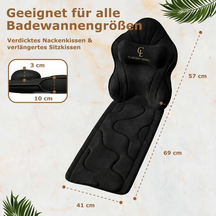 Подушка для ванни повного тіла, 126x41 см. Килимок для ванни з підголовником (13 см) для підтримки шиї, спини та ніг. З мішком для прання та подорожей та гачком для сушіння. Білий (Темно-чорний)