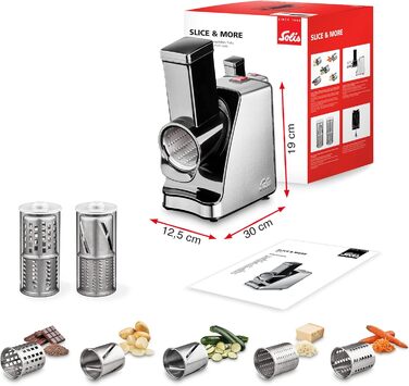Solis Electric Vegetable Slicer Slice & More 8401 - All-in-One Slicer - Spiralizer - Multi-Grater + Food Processor + Vegetable Grater with 5 Cutting Drums - Stainless Steel/Plastic - 350 Watts