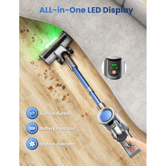 Бездротовий пилосос Dzaki 45000Pa з акумулятором, дисплеєм та антизаплутувальною насадкою для килимів, твердих підлог та шерсті тварин