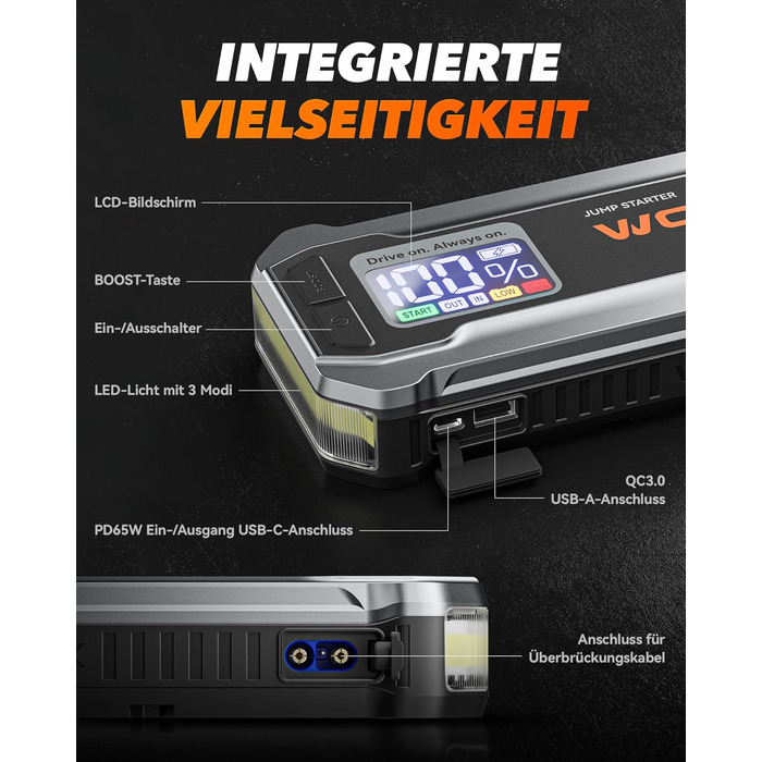 WOLFBOX Powerbank для запуску авто 4000A, 12V, з LED-ліхтарем та великим екраном, для легкових автомобілів, SUV, вантажівок та мотоциклів