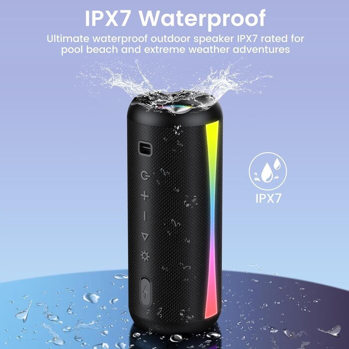 Bluetooth колонка з RGB підсвіткою, IP7 водонепроникна, 20 год автономії, потужний бас - Black
