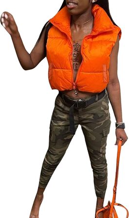 Жіноча легка куртка-пуховик Geagodelia з короткими рукавами, тепла, елегантна, на блискавці, для вулиці, зима/осінь, чорна (S, помаранчевий з кишенями)