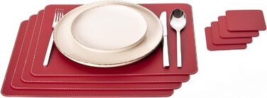 Placemats and Coasters (Set of 4) made from recycled leather, placemats, 4 placemats and 4 coasters, table mats and coasters 10 x 10 cm (Christmas Red, 40 x 30)