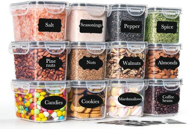 Контейнери для зберігання GoMaihe 12 шт. з кришкою: набір для кухні, 800 мл, з етикетками. Їдальня для їжі, крупи, цукру та спецій. Без BPA, придатні для миття в посудомийній машині. Чорний колір, 0.8 л x 12 шт.