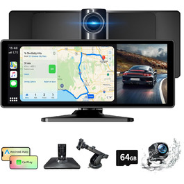 10.26-дюймовий бездротовий дисплей CarPlay/Android Auto для авто з 4K відеореєстратором, 1080P камерою заднього виду, GPS, Bluetooth, FM, 64 ГБ, підтримка Siri/Google Assistant, Mirror Link