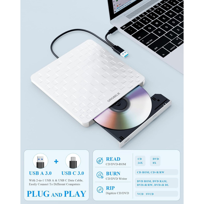 Зовнішній DVD-привід ORIGBELIE: CD/DVD-броннер з 4 USB та 2 TF/SD слотами, ультратонкий оптичний накопичувач для ноутбука, PC, Mac, Windows 11/10/8/7, Linux
