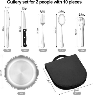 Набір посуду для кемпінгу Penobon на 2 особи, 10 шт. Нержавіюча сталь, для кемпінгу, пікніка, подорожей