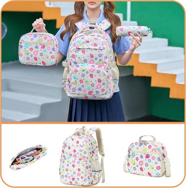 Шкільний рюкзак для дівчаток-підлітків у вінтажному стилі. Набір: рюкзак, ланч-бокс, пенал. Квітковий дизайн, відділення для ноутбука. Ідеально для школи, подорожей. Колір: Полуниця, Слонкост.