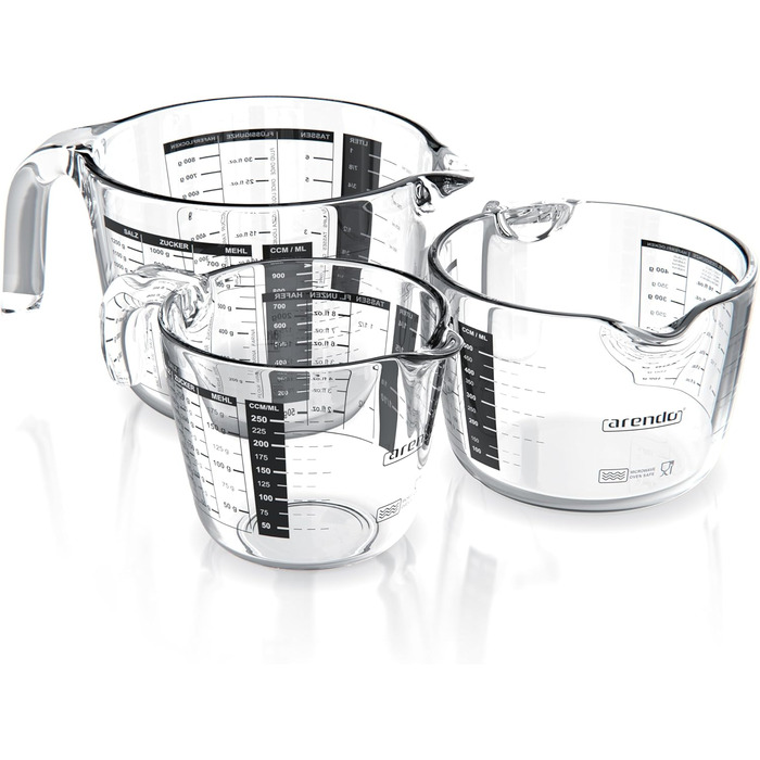 Arendo - Glass Measuring Cup Set - Sizes 250ml, 500ml, 1000ml (0.25l, 0.5l, 1l) – Glass Measuring Jug/Pitcher – Borosilicate Glass – Precise Scale – Heat Resistant – Microwave Safe – Kitchen Measuring Cups