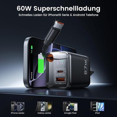 Зарядний пристрій USB-C toocki GaN 67W з LED дисплеєм та вбудованим кабелем для MacBook, iPhone 17 Pro Max, Samsung Galaxy S24 Ultra/S23, Nintendo Switch, ноутбуків та смартфонів - Чорний