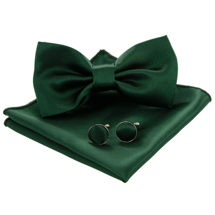 Метелик чоловічий JEMYGINS однотонний, регульований (темно-зелений) + манжетні запонки + нагрудна хустка в подарунковій коробці