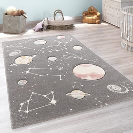 Дитячий килим Paco Home для кімнати з планетами та зірками, сірий, 120x170 см
