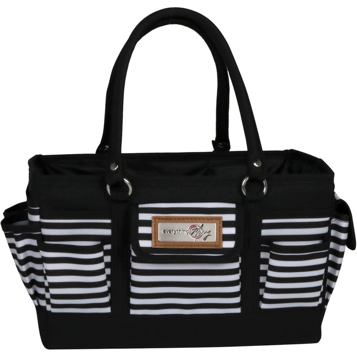 Everything Mary Blaugruner, geometric deluxe store and tote bag, organizer for crafts, sewing, paper, art, desk, canvas, accessories, storage with handles for travel (black and white stripes)