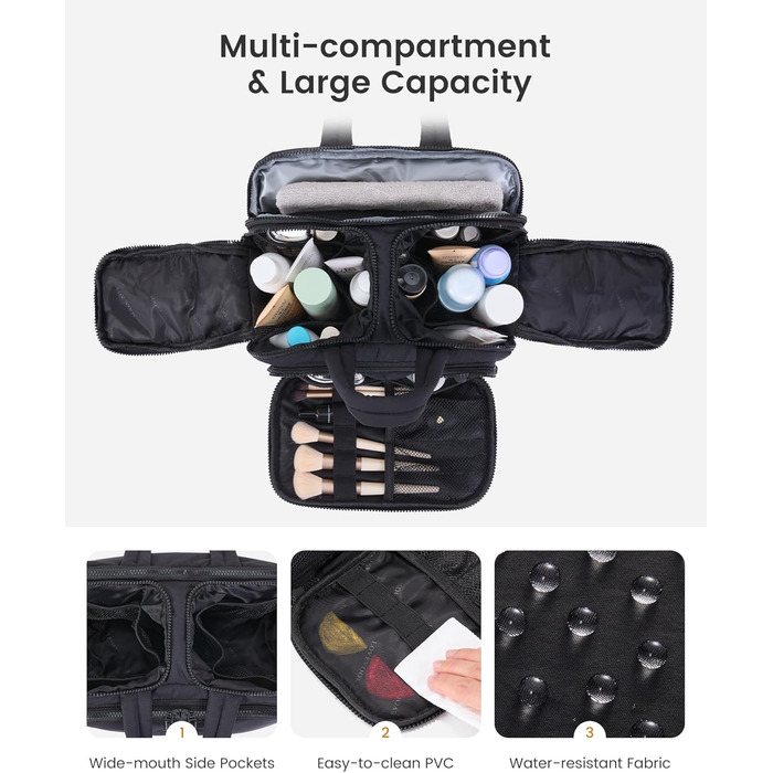 Сумка для косметики OVEVOOK для жінок, велика, вагова, широка, водонепроникна косметичка з відділенням для мокрого, сумочка для макіяжу з ручкою для подорожей, чорна (L)