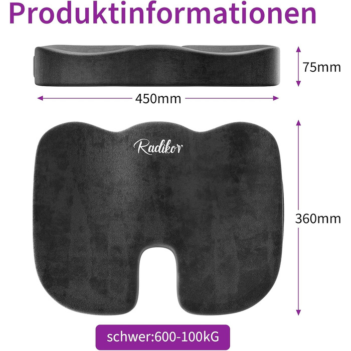 Ортопедична подушка для сидіння Radikor: для офісного крісла, авто, зі стегон, з Memory Foam, протиковзаюча, чорна