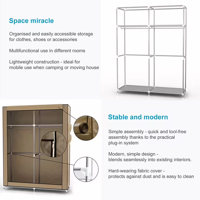 INTIRILIFE Folding Wardrobe 108x170x45 cm in - Fabric wardrobe with zipper and clothes rail, side pocket and compartments - Shelf unit, metal frame, storage (Crème Beige)