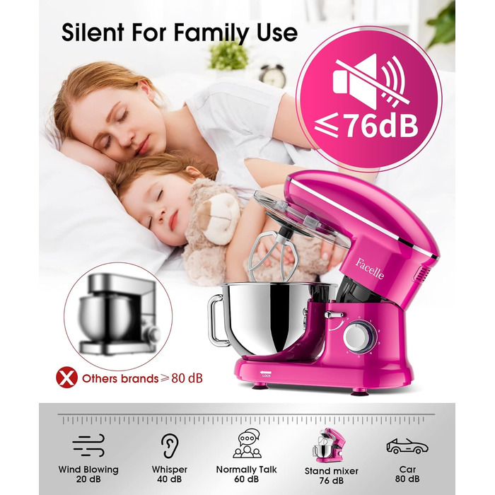 Кухонна машина Facelle 1500W з нержавіючою чашею 6.2L, 6 швидкостей, з міксером, гаком для тіста та вінчиком, захистом від бризок (фіолетова)