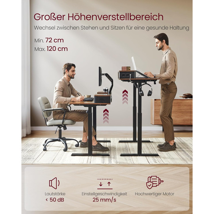 VASAGLE Electric Standing Desk - Adjustable Height, 140x60cm, with Monitor Stand, Power Strip, Hooks, Memory Function - Vintage Brown