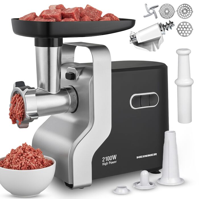 М'ясорубка електрична MG-2100BKSL 2100 Вт, нержавіюча сталь, чорно-срібна - 1.8 кг/хв, насадки для ковбас та томатів, реверс