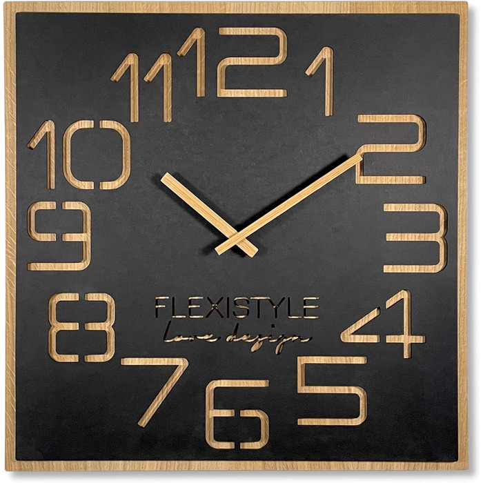 FLEXISTYLE Wall Clock Large Wood-Look Wood Digits ECO, Square Silent, Living Room, Bedroom, Made in EU (Black, 60 cm)