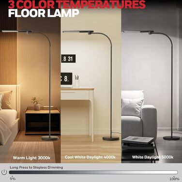LED торшер Honeywell F4 Sunturalux™ з регулюванням яскравості, гнучкий гніздовий кріплення, сучасний дизайн для комфортного читання у вітальні, спальні, офісі (чорний)