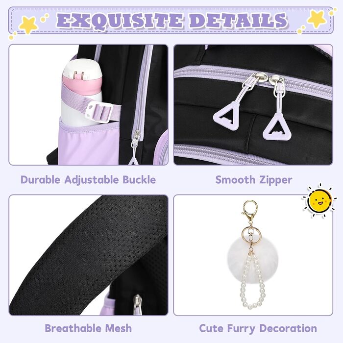Дитячий рюкзак для школи для дівчаток: Kawaii рюкзак з великою місткістю (3-частинний набір, чорний та фіолетовий)