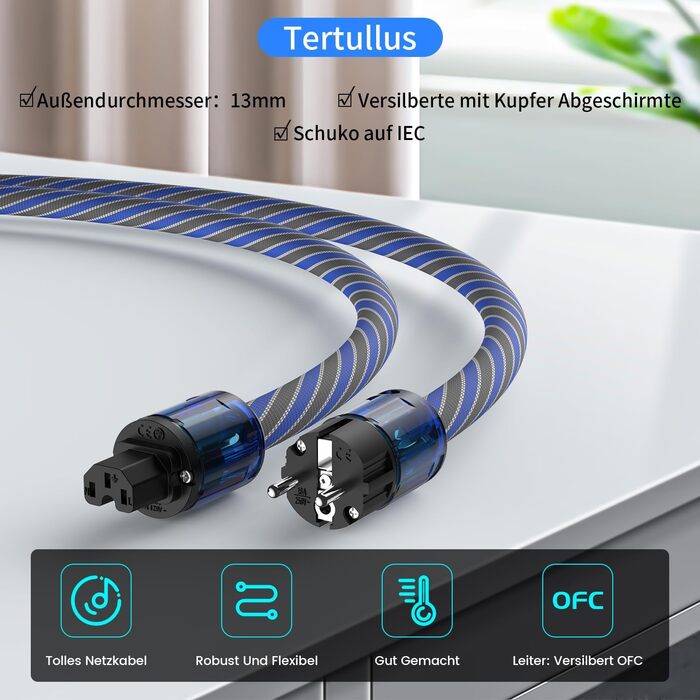 Hi-Fi мережевий кабель Tertullus High End C15 для аудіотехніки, Schuko — C15, 2м, синьо-сірий (P037)