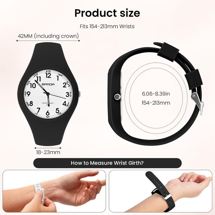 Жіночий годинник: аналоговий кварцовий годинник з силіконовим ремінцем. Спортивний годинник для студентів та дорослих (чорний+білий)