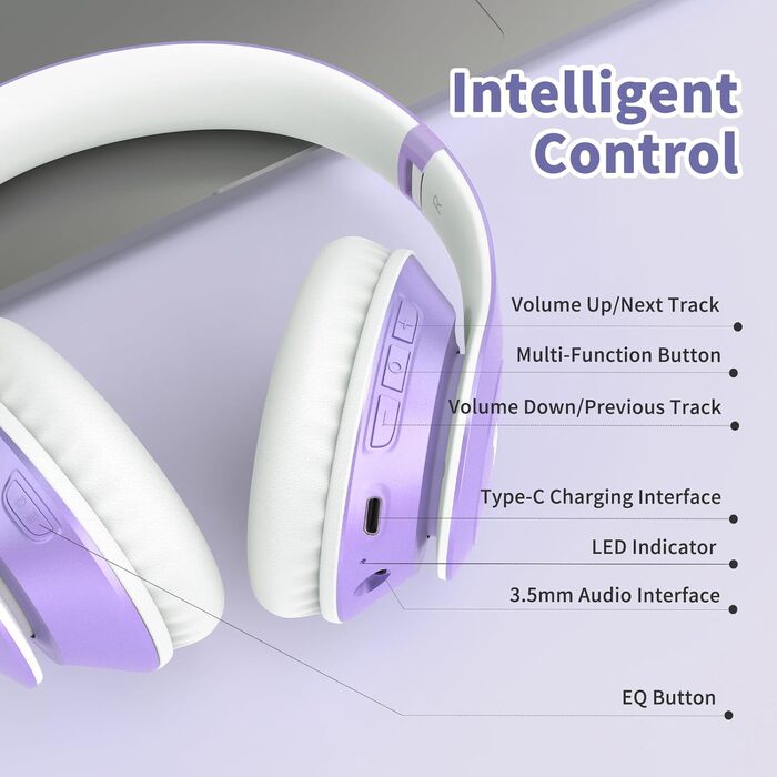 Бездротові навушники Uliptz Bluetooth Over Ear: 65 годин роботи, 6 EQ-режимів, HiFi стерео, складна конструкція, для подорожей/офісу/телефону/ПК (фіолетовий)