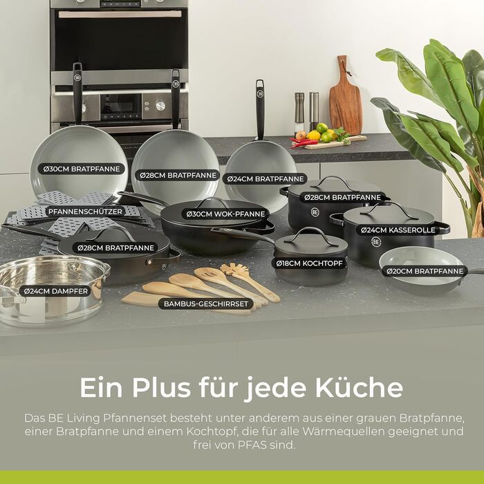 Каструля Be Living Essential з кришкою, 24 см, 4 л, антипригарне покриття Keramik Antihaft, для індукційних плит, без PTFE та PFOA, чорна