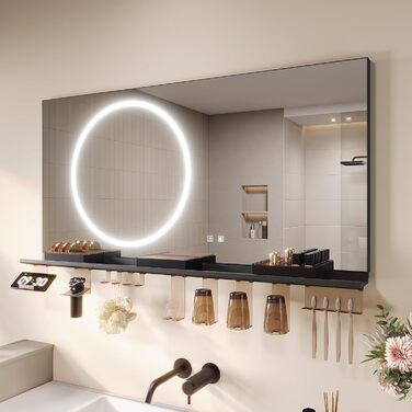 Дзеркало для ванної кімнати SONNI з підсвічуванням 120x60 см, 3 кольори світла, антизапар, годинник, температура, LED, сенсорне управління, білий