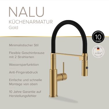 Кухонний змішувач Lenz NALU - матовий золотий, гнучкий вилив, 2 режими, економія води, антифрегат, монтаж зверху, артикул 46070422