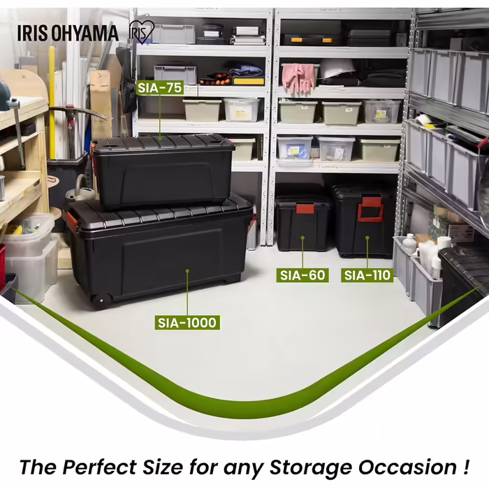 Iris Ohyama Large Plastic Storage Box, 60L Garage Storage Box, Set of 3, SIA-60, Black, Stackable, Clasp Fasteners, B59 x D39.5 x H35.5 cm (75L x1)