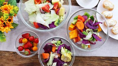 Set of 4 Glass Bowls with Lids (0.95L, 1.5L, 2.4L, 3.5L), Large Round Salad Bowls, Baking Bowls, Microwave and Dishwasher Safe for Mixing, Storing, and Serving