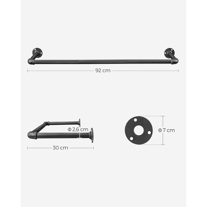 SONGMICS Wall Mounted Clothes Rails, 2 Pack, Coat Rails, Wall Mount, Space-Saving, 92 x 30 x 7.5 cm, Easy Assembly, Industrial Design, for Small Apartments, Black HSR67BK02