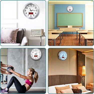 KWANWA Modern Wall Clock with No Ticking Sound • Digital LCD/LED Display • Calendar & Temperature • Battery Powered • 30.5cm • 12h Format, Perfect for Kitchen, Bedroom & Office (Silver Case, Red LED)