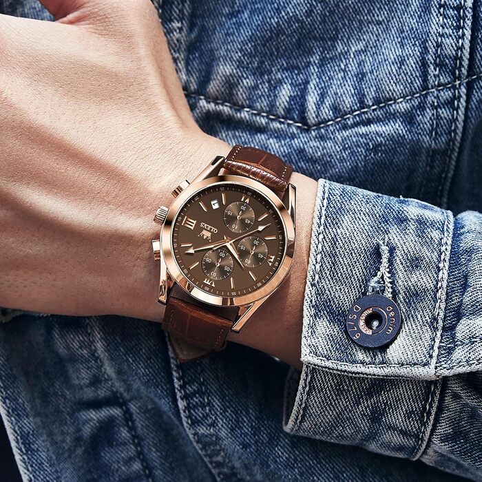 Чоловічий годинник OLEVS Vintage з шкіряним ремінцем, великий циферблат, водонепроникний, аналоговий годинник з датою, коричневий циферблат/коричневий ремінець