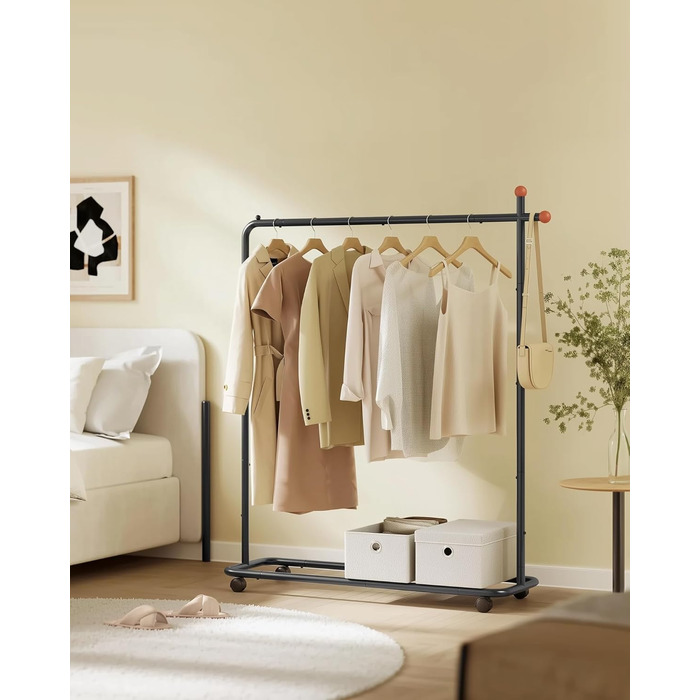 SONGMICS HOME Clothes Rack with Wheels, Coat Rack, 2 Clothes Rails, Shelf, Side Organizer, Matchstick-Shaped Hooks, Stable, Bedroom, Hallway, HSR171B01 (39W x 154.6H cm, Ink Black)