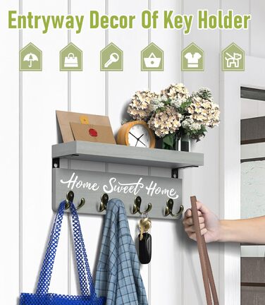 Key board with shelf, wooden key holder with 4 hooks, wall-mounted key rack for entryway, hallway, bedroom, living room, White (Green)