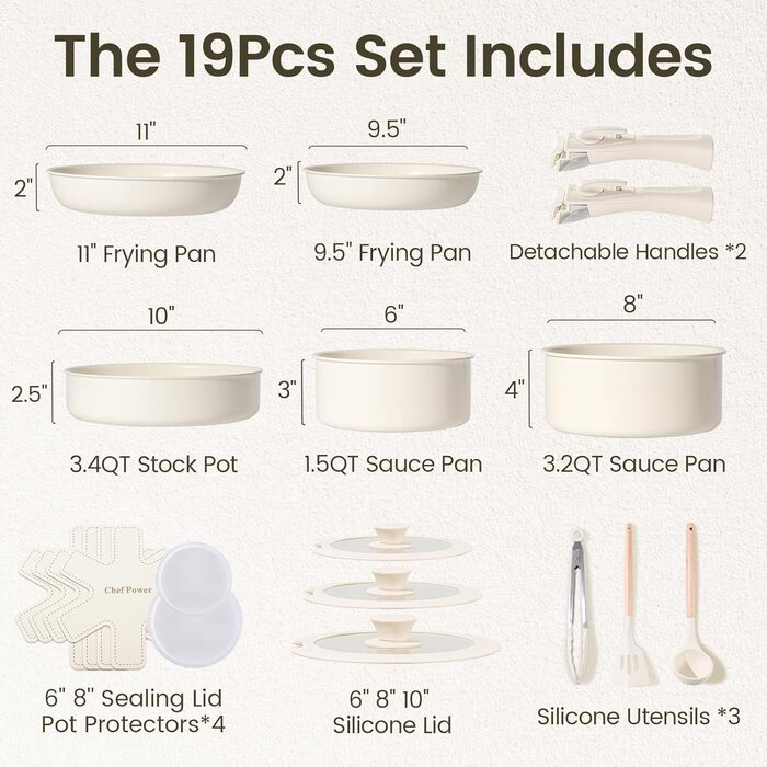 Набір посуду Chef Power Keramik 19-ти частинний, з антипригарним покриттям, знімний ручка, індукція, сумісний з духовкою, для дому та кемпінгу, сірий та білий