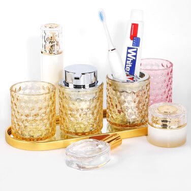 Pink bathroom accessory set made of glass, including a toothbrush holder, soap dispenser, and cup, foaming soap dispenser and toothbrush holder, 3 pink bathroom cups for brush, toothpaste (amber and silver).